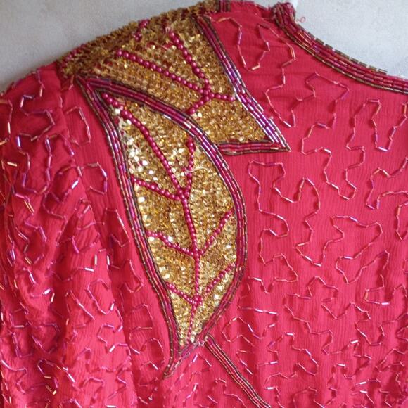Vntg silk beaded red gold india dress eve’s allure 80s 90s glam holiday xl ml - Picture 4 of 15